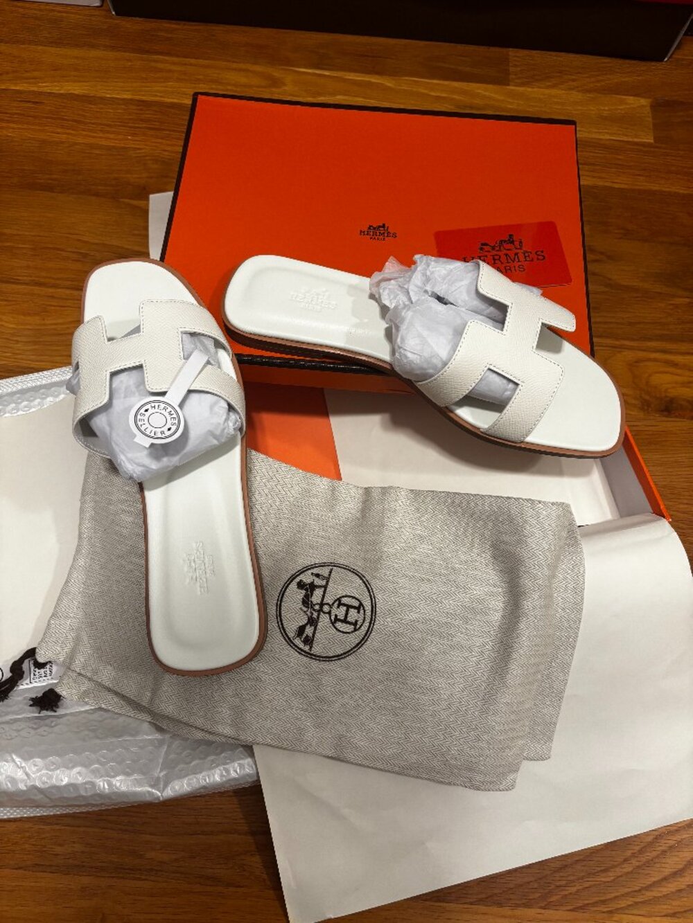 Hermès Womens White Leather Logo Slip-On Slide Sandals US 8 New w/ Box